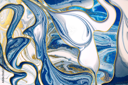 Fototapeta Naklejka Na Ścianę i Meble -  Marble blue and gold abstract background with gold gradient borders