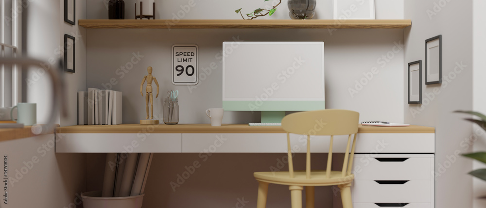 Modern home office interior design with computer, supplies and decorations on the desk, 3D render