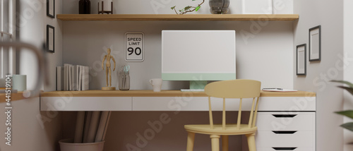 Modern home office interior design with computer, supplies and decorations on the desk, 3D render © bongkarn