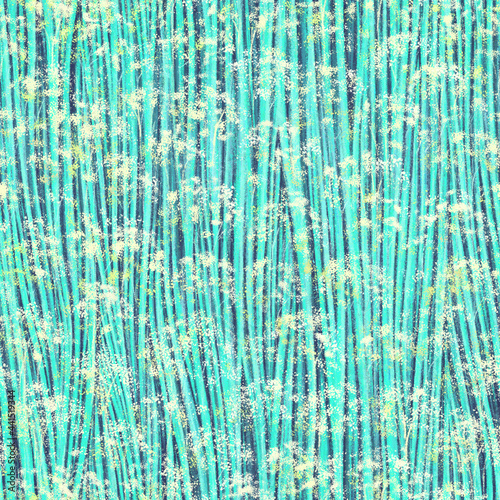 Bright blue floral seamless pattern. Twigs with white flowers on teal and blue vertical wavy lines background. Template for design, textile, wallpaper, ceramics.