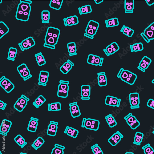 Line Balaclava icon isolated seamless pattern on black background. A piece of clothing for winter sports or a mask for a criminal or a thief. Vector
