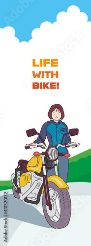 motorbike　motorcycle　女性　イラスト　のぼり　黄色