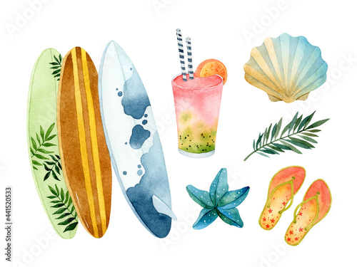 Summer surfing watercolor elements set isolated