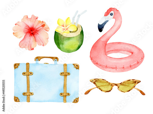Travel summer watercolor elements set isolated