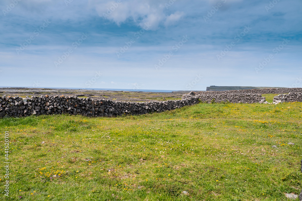 Traditional stone dry stone fences, Dún Aonghasa in the background, cloudy sky. Inishmore, Aran Islands, County Galway, Ireland. Irish landscape