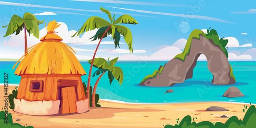 Bungalow in Maldives island with palm trees and tropical flowers, vector banner of resort water villas. A hut by the ocean, a rock with a cave in the sea. Hawaii resort. Template for text