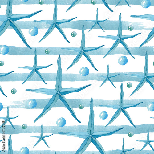 Blue starfish watercolor seamless pattern on striped background