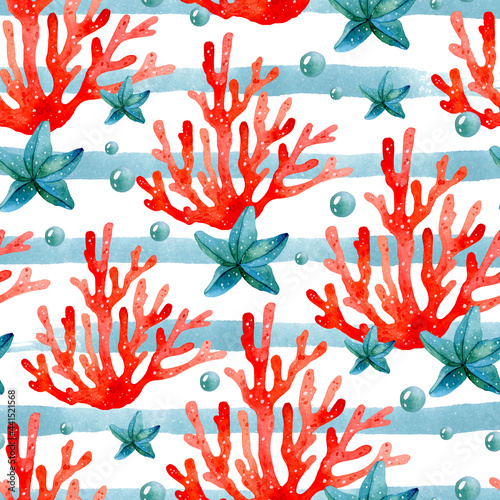 Starfish with corals watercolor seamless pattern on striped background