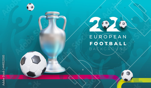 European football 2020. Realistic ball and victory cup football field design on blue background with spots. Stylish background gradient with fans. Vector illustration. Isolated on blue background.