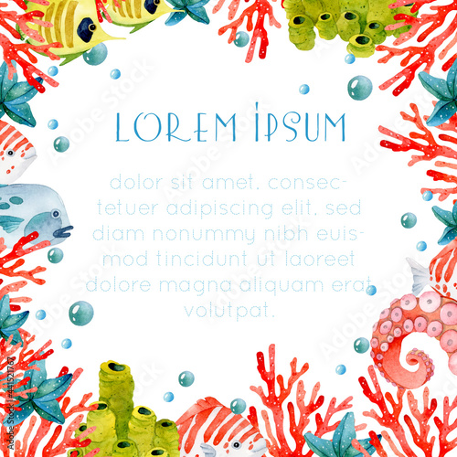 Colorful coral reef watercolor frame invitation card