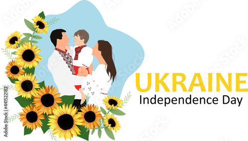 Ukrainian family with son in national embrosity shirts. Banner for independence day decorated with sunflowers. Flat vector illustration