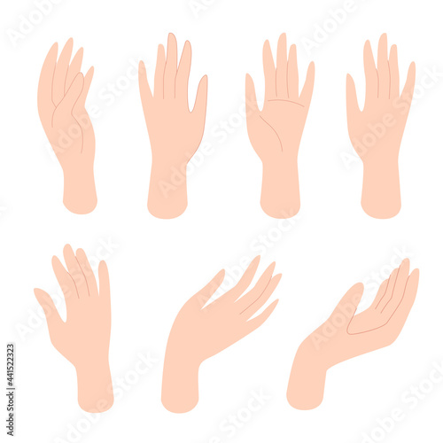 Set of female hands with different gestures. Human body parts, body care, female beauty. Vector illustration in flat style isolated on white background
