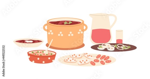 Served festive dishes of traditional Russian cuisine. Holiday meal with national food in Russia. Borsch, herring, bread with caviar and salad. Flat vector illustration isolated on white background