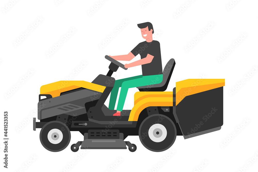 Man driving a riding lawn mower. mowing lawn. flat style