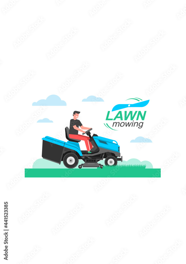 Man driving a tractor lawn mower in garden. mowing lawn. flat style Man driving a tractor lawn mower in garden. mowing lawn. flat style