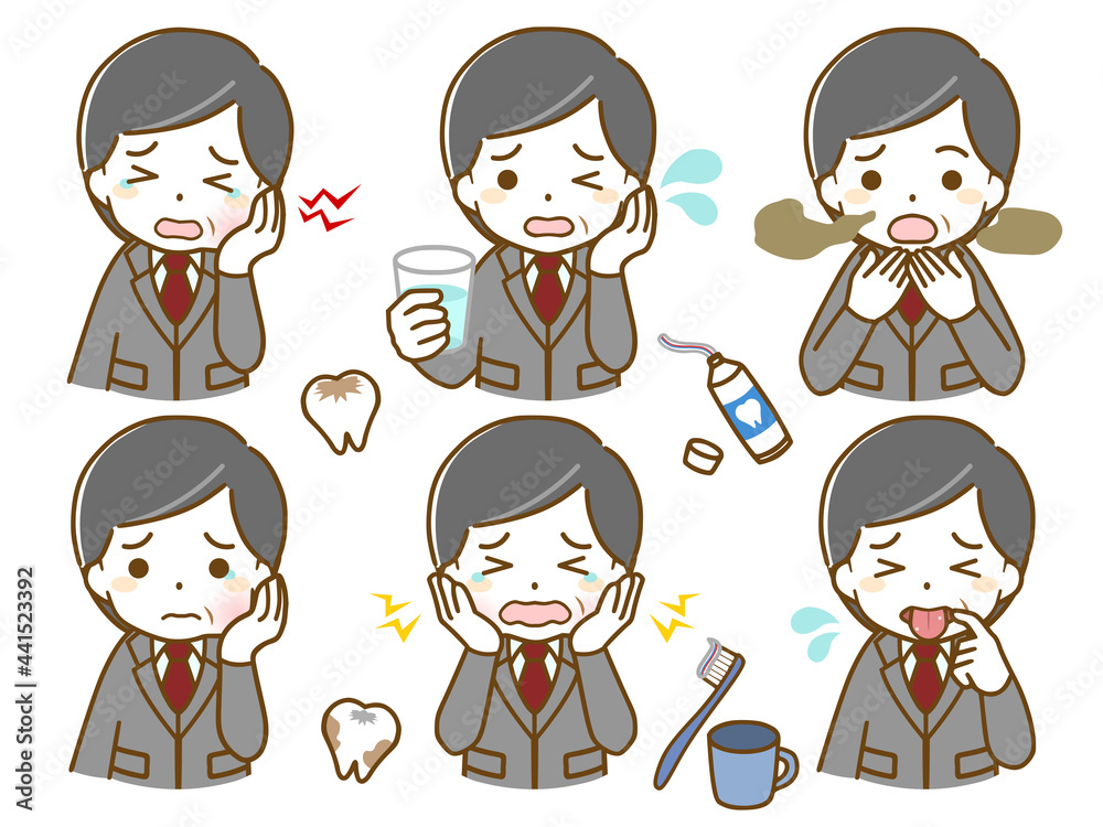 口の中に異常があるスーツの中年男性