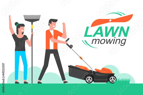 Man mowing the lawn. mowing lawn. flat style
