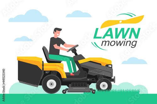Man driving a tractor lawn mower in garden. mowing lawn. flat style