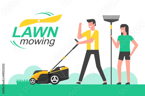 Man mowing the lawn. mowing lawn. flat style