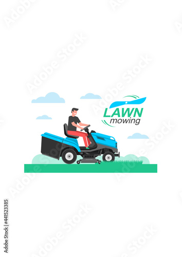 Man driving a tractor lawn mower in garden. mowing lawn. flat style © volyk