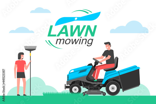 Man driving a tractor lawn mower in garden. mowing lawn. flat style