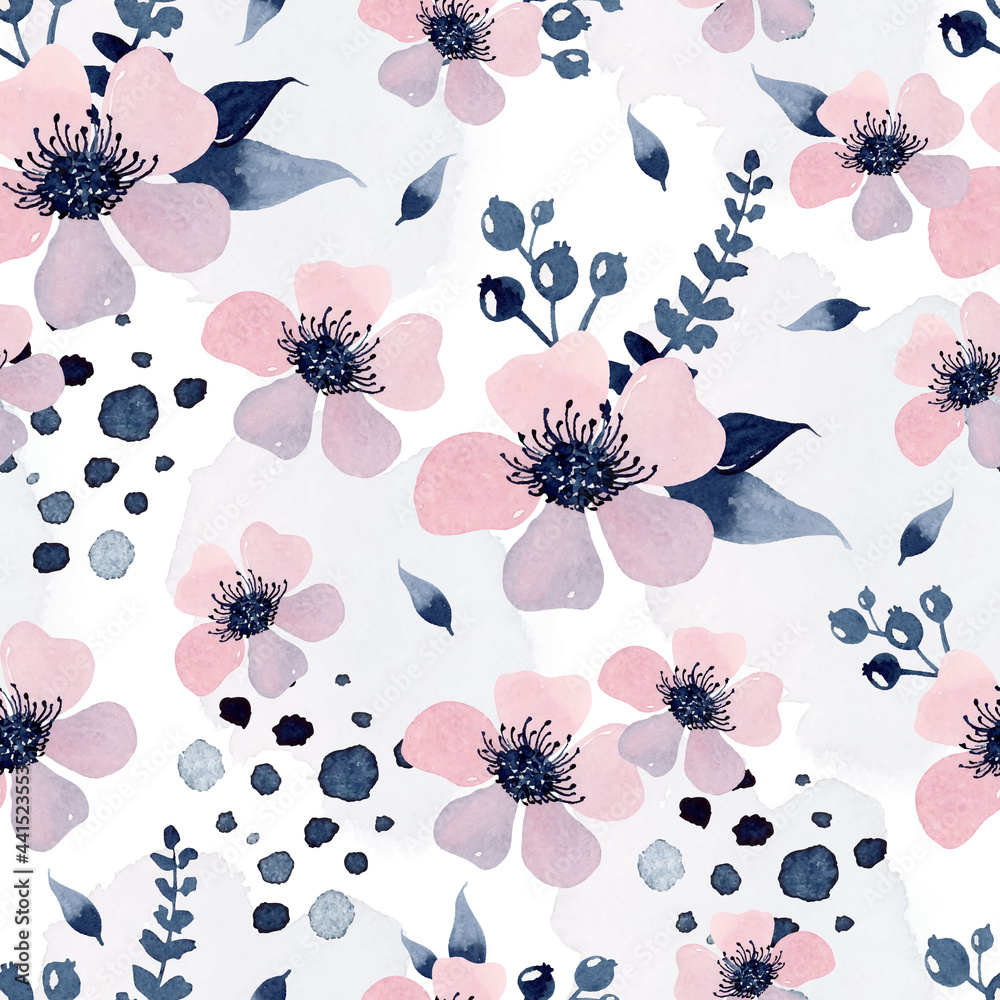 Pink floral watercolor seamless pattern wallpaper