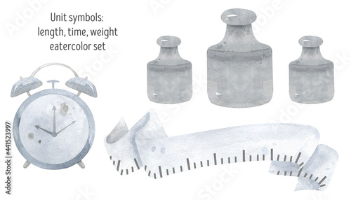 Unit symbols watercolor set. Alarm clock, Clock, Centimeter, Weights. Time, date weight, height. For metric design.