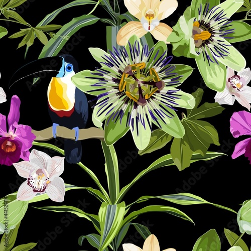 Seamless tropical palm leaves, Passiflora, orchid flowers, toucan bird. Jungle leaves  floral pattern on black background.