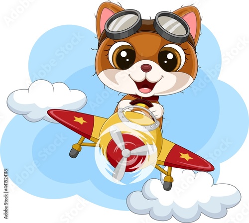 Cartoon baby cat operating a plane