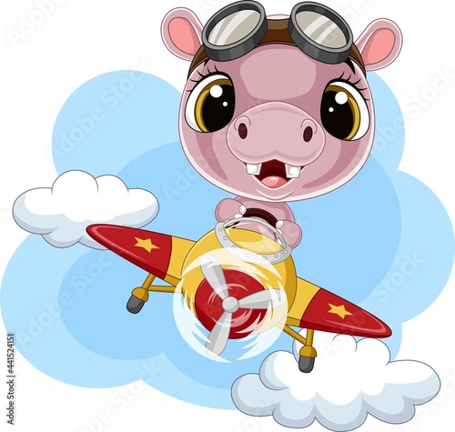 Cartoon baby hippo operating a plane