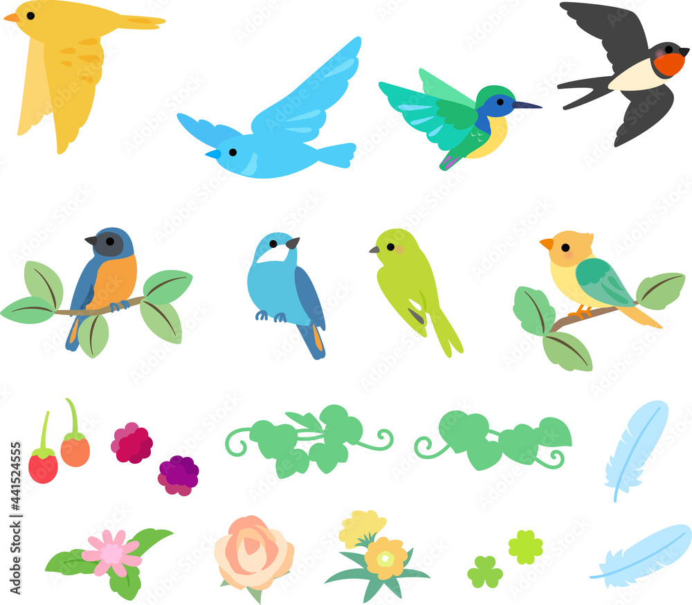 様々な小鳥と葉や花のデコレーションイラスト