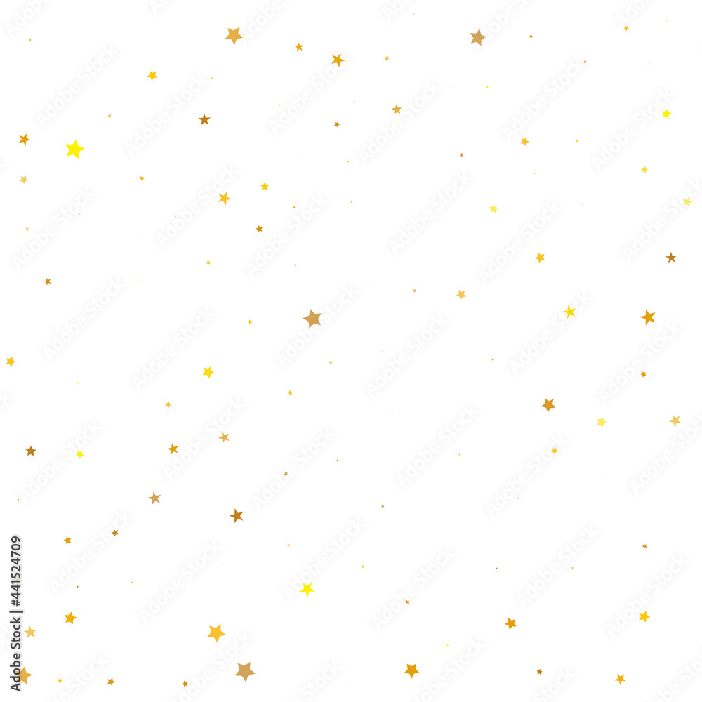 Golden Stars Festive. Orange Texture Cosmos. Gold Confetti Anniversary. Yellow Falling Banner Glitter Isolated. Celebration Cosmos. Starry Invitation. Sparkling Isolated.