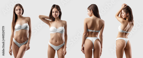 Mockup of white bikini swimsuit on sexy tanned girl, isolated on background. Set