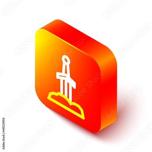 Isometric line Sword in the stone icon isolated on white background. Excalibur the sword in the stone from the Arthurian legends. Orange square button. Vector