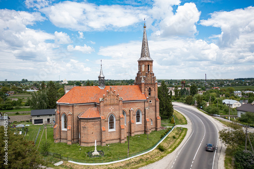 Neo-Gothic Catholic Church of the Sacred Heart of Jesus in Stoyaniv, Ukraine. Aerial view from drone