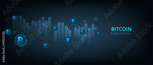 Cryptocurrency. Bitcoin coin on defocused chart background. Financial investment and Digital money exchange concept.