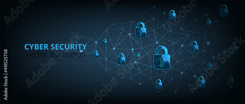 Cyber security background.Visualization of cyber security With Padlock  lock on dark blue background.Online world security concept.Vector illustration.Eps10.