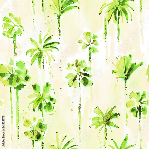 Watercolor seamless green tropical hand drawn pattern with palm trees. Summer abstract exotic stylized plant. Botanical pattern