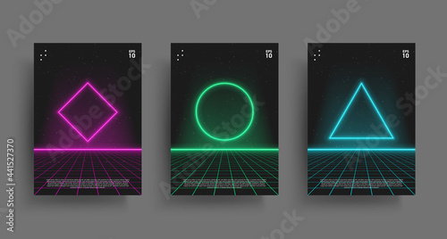 Synthwave poster set. Glowing geometry shapes with laser perspective grid in starry space. Vivid layouts for retrowave electronic music events. Design for poster, cover. Vector