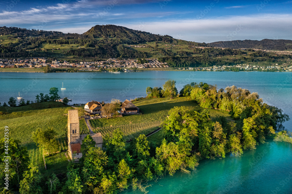 drone view of a green island in lake zurich 