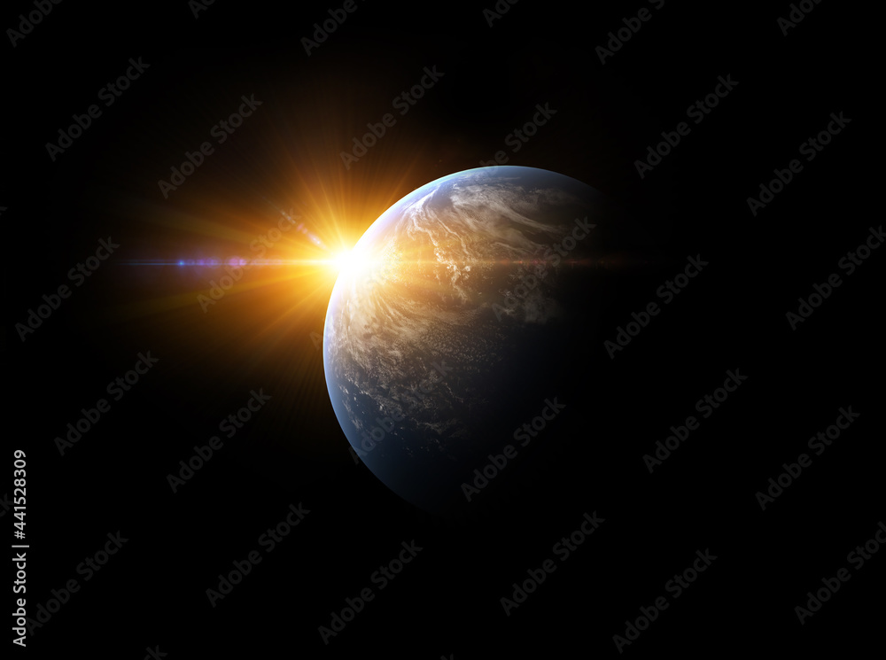 Planet isolated on a black background, sun rising with glow light effects and rays. Planet isolated on a black background, sun rising with glow light effects and rays.