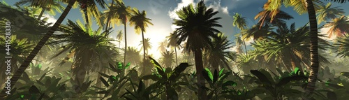 Jungle in the rays of the rising sun, palm trees in the fog in the morning ,, 3D rendering