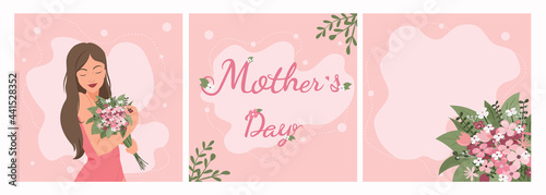 Set of greeting card Happy Women's Day. Beautiful woman with a bouquet of flowers on pink background. Vector illustration for posters, fashion ads, social media, flyers, greeting card.