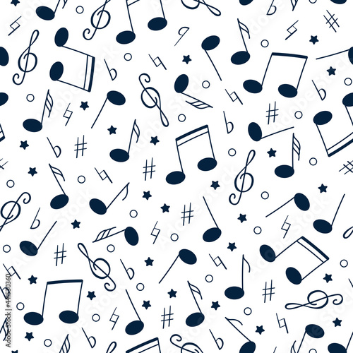 Seamless vector musical pattern. Hand drawn black silhouettes of music notes and signs on white background