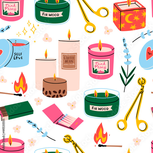Various Candles. Different shapes and sizes. Pillar, jar candle, square, container candle, multi wick. Decorative wax candles for relax and spa. Hand drawn Vector square seamless Pattern, wallpaper