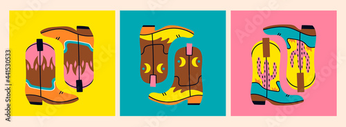 Various cowboy boots. Shoe pairs. Different ornaments. Cactus, Fire, crescent. Fashion concept. Wild West theme. Hand drawn colored trendy Vector set of three cards. Every card is isolated