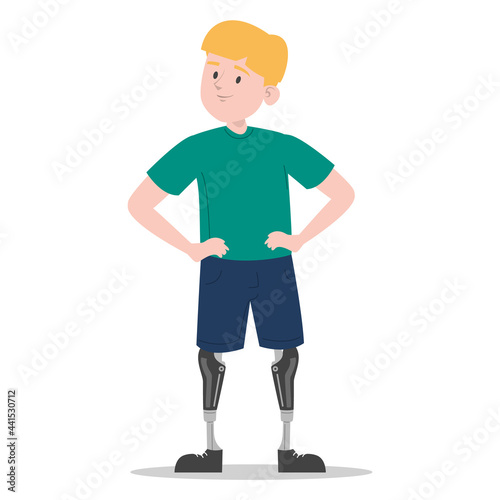 Happy young boy with prosthetic legs vector isolated. Illustration of a child wearing a prosthesis. Handicapped person, kid with artificial limbs.