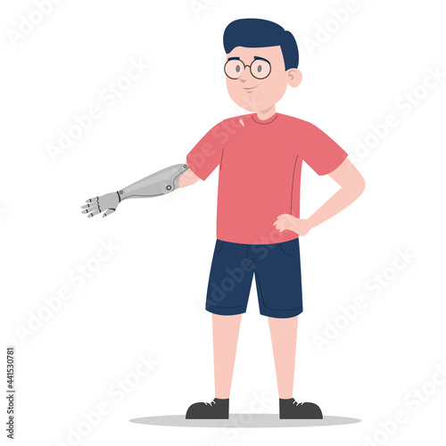 Boy with prosthetic arm vector isolated. Bionic limb, amputee child. Concept of people with disability. Happy little kid standing.