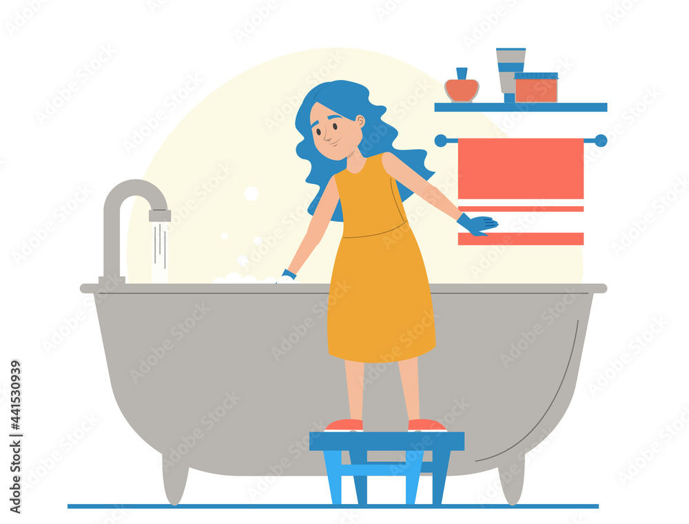 Girl cleaning bathtub vector isolated. Everyday domestic routine, kid