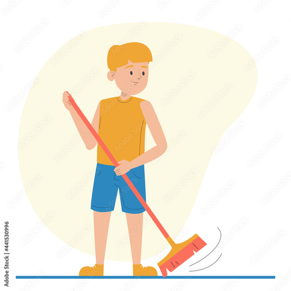 Boy sweeping the floor using broom vector isolated. Idea of housework